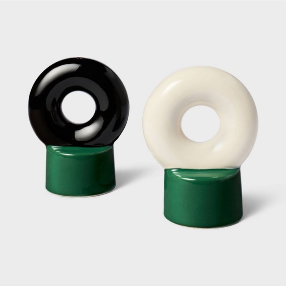 TABITHA BROWN NWT 2pc stoneware salt & pepper shakers -black/white/green